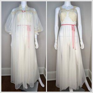 Vintage 1950s Full Length Peignoir Set, Full Sweep, Sheer Off White, Yolande XS